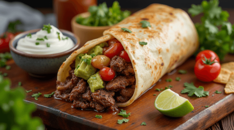 Delicious Carne Asada burrito wrapped in foil with carne asada, guacamole, and pico de gallo on a rustic table