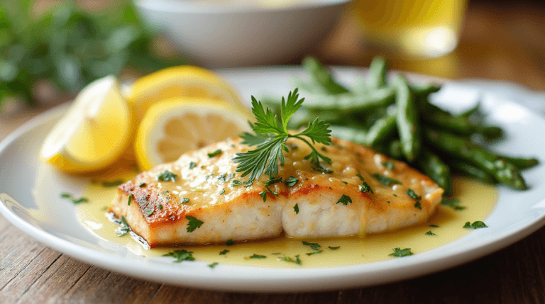 Delicious Lemon Butter Fish Recipe fillet garnished with fresh herbs and lemon slices, served with sautéed asparagus