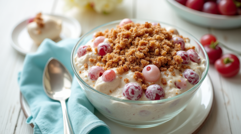 Creamy Chicken Salad Chick Grape Salad in a glass bowl topped with brown sugar and pecans, served with a silver spoon on a wooden surface