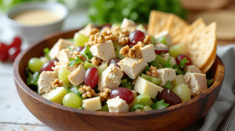 Delicious Chicken Salad Recipe with apples, celery, grapes, and walnuts served in a wooden bowl