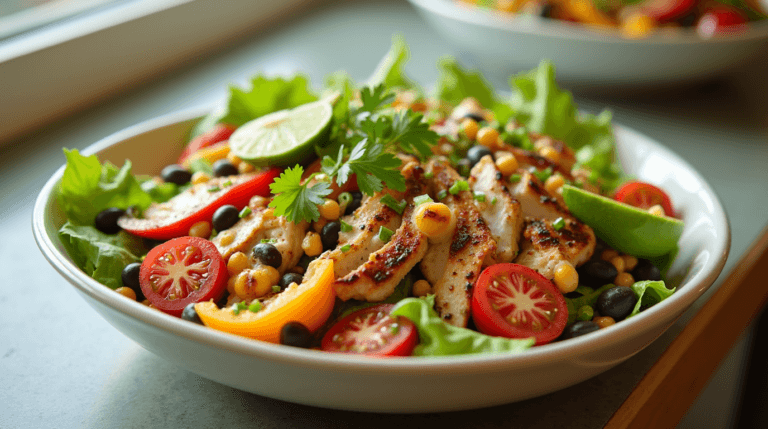 Delicious Southwest chicken salad with grilled chicken, bell peppers, black beans, corn, and avocado, drizzled with lime dressing