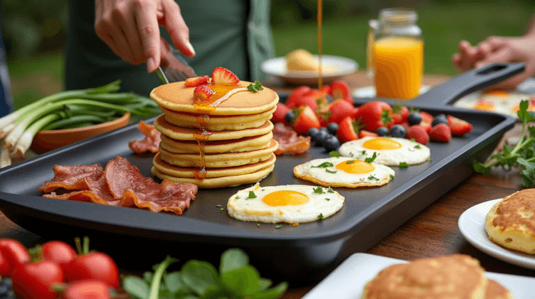 Colorful spread of Blackstone breakfast recipes featuring fluffy pancakes, crispy bacon, vegetable omelets, and fresh fruit