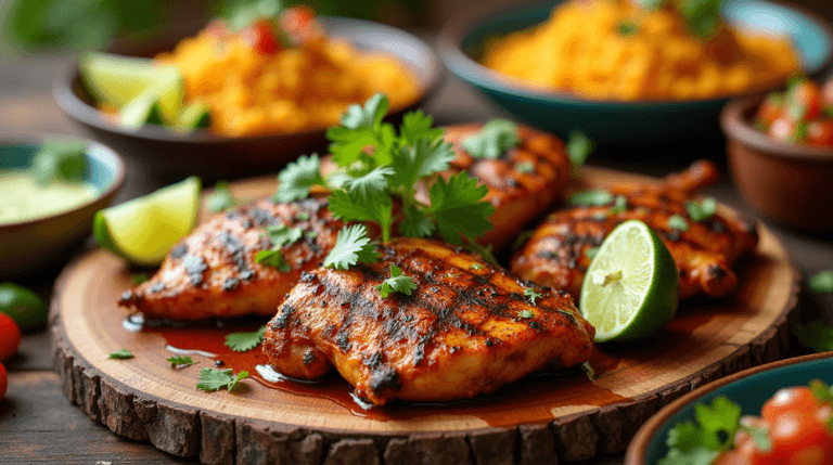 Plate of Grilled Mexican Chicken Marinade in San Antonio-style marinade, garnished with cilantro and lime, served with Mexican rice and grilled corn