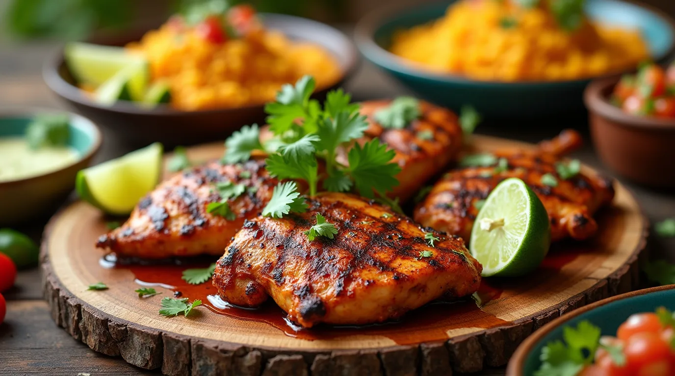 Plate of Grilled Mexican Chicken Marinade in San Antonio-style marinade, garnished with cilantro and lime, served with Mexican rice and grilled corn