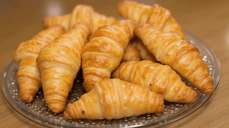 Freshly baked golden puff pastry croissants on a cooling rack