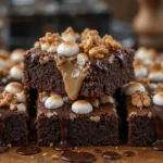 Heavenly Hash Brownies A plate of freshly baked Heavenly Hash Brownies with a fudgy chocolate base, melted marshmallows, crunchy walnuts, and a smooth chocolate glaze