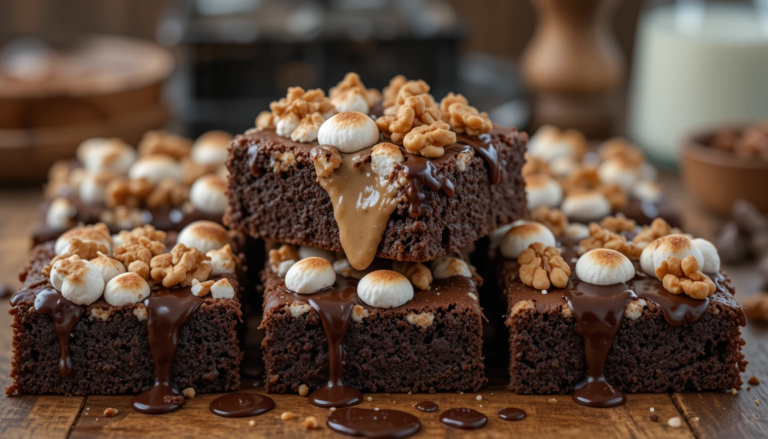 A plate of freshly baked Heavenly Hash Brownies with a fudgy chocolate base, melted marshmallows, crunchy walnuts, and a smooth chocolate glaze