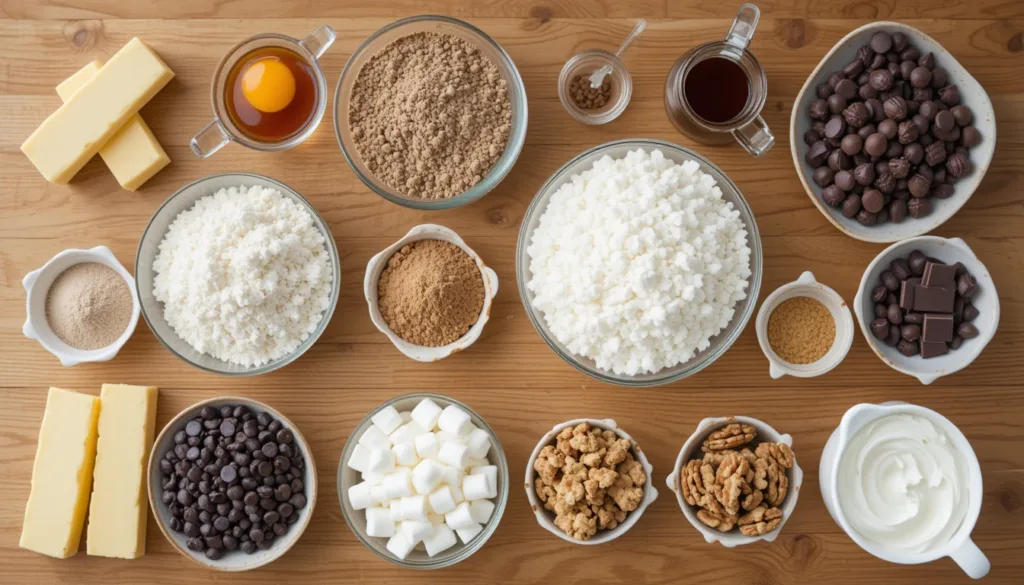 Heavenly Hash Brownies A collection of fresh ingredients for Heavenly Hash Brownies, including chocolate chips, marshmallows, nuts, cocoa powder, and baking essentials