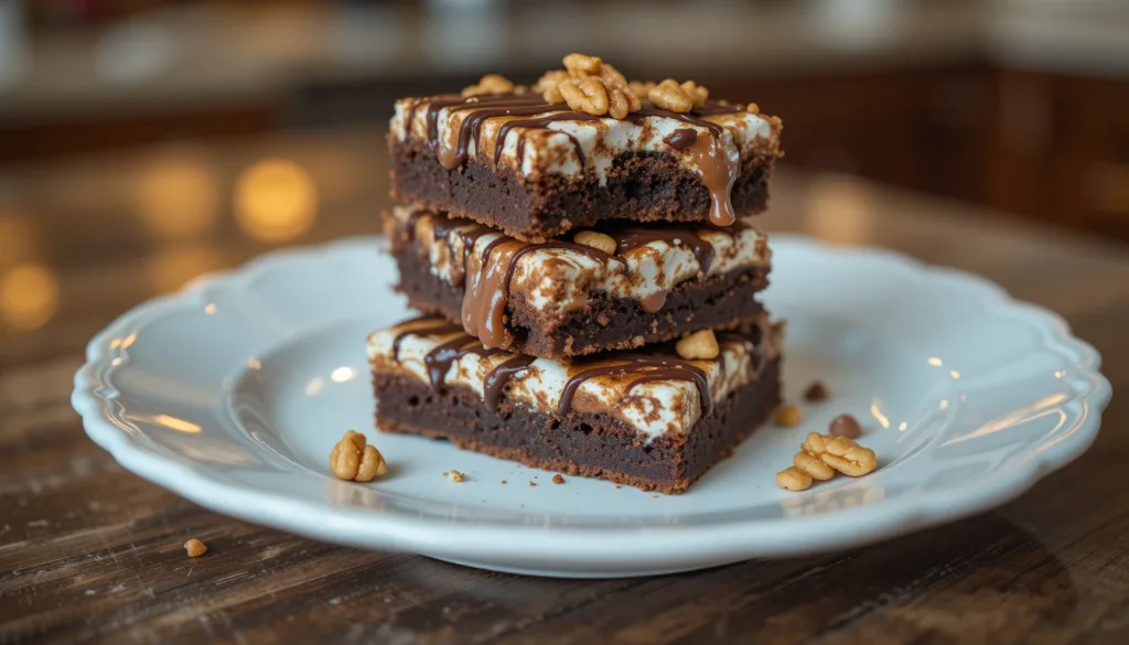 Heavenly Hash Brownies A stack of Heavenly Hash Brownies with a fudgy chocolate base, melted marshmallows, crunchy walnuts, and a drizzle of dark chocolate