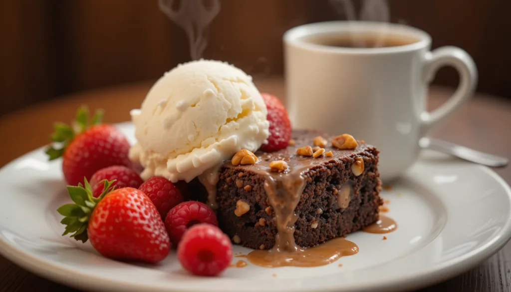 Heavenly Hash Brownies A Heavenly Hash Brownie served with vanilla ice cream, fresh berries, and a steaming cup of coffee