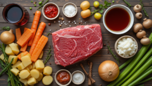 A rustic flat lay of beef stew ingredients, including beef chuck, carrots, potatoes, celery, onion, beef broth, tomato paste, and seasonings, arranged on a wooden surface.