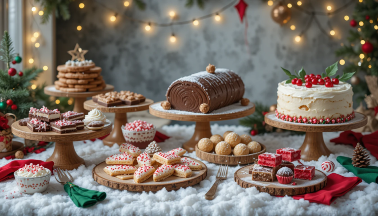 An assortment of festive easy Christmas desserts, including cookies, cakes, and chocolate treats, beautifully arranged on a holiday-themed table.