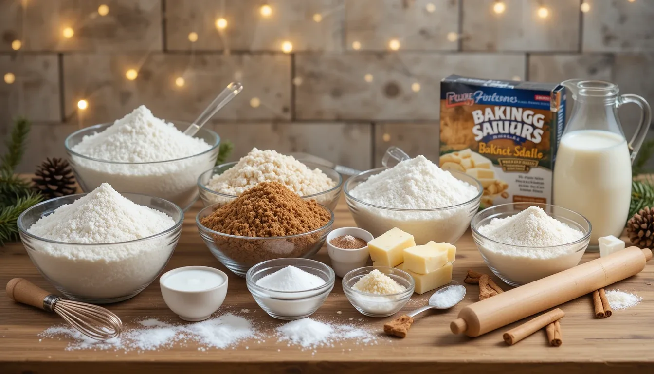 Essential Ingredients for Easy Christmas Desserts A collection of baking essentials for Christmas desserts, including flour, sugar, butter, eggs, milk, and baking powder, arranged on a wooden kitchen counter.