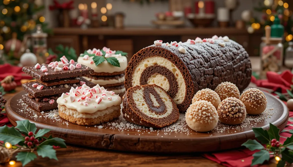 Easy Christmas Desserts A beautifully arranged holiday dessert platter featuring five easy Christmas desserts, including chocolate peppermint bars, sugar cookies, a Yule log cake, eggnog cheesecake, and gingerbread truffles.