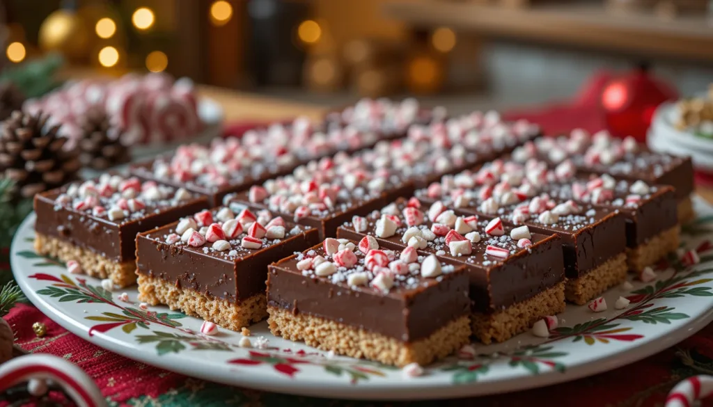 Easy Christmas Desserts A tray of freshly made no-bake chocolate peppermint bars topped with crushed candy canes, cut into squares and ready to serve.