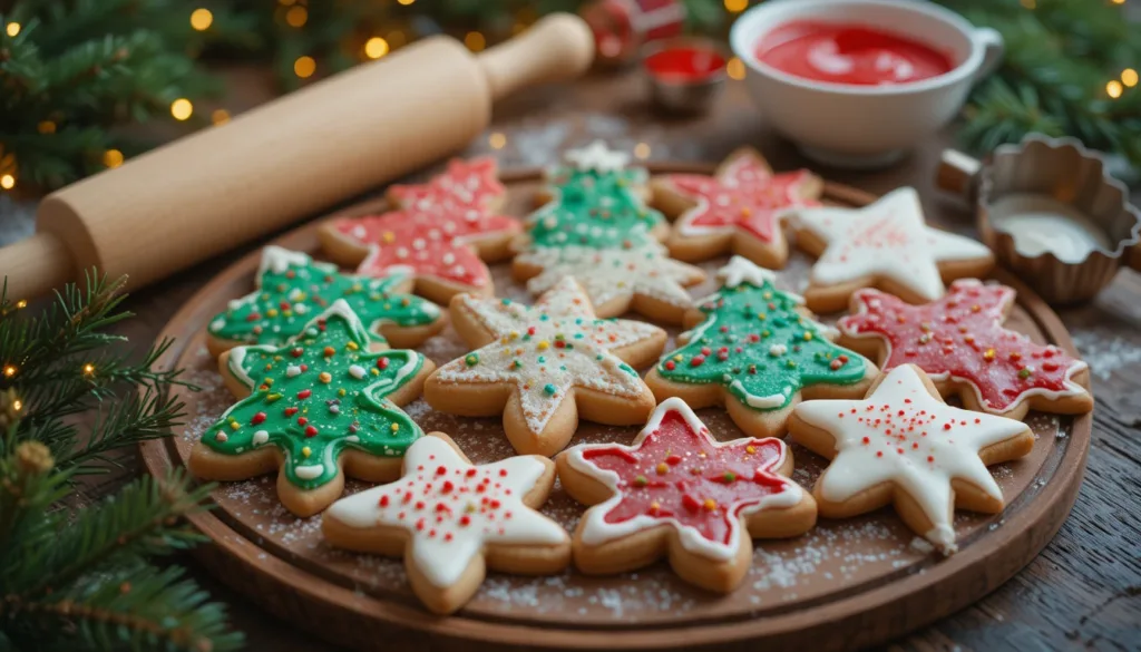 Easy Christmas Desserts A batch of freshly baked Christmas sugar cookies in festive shapes, decorated with colorful icing and sprinkles.