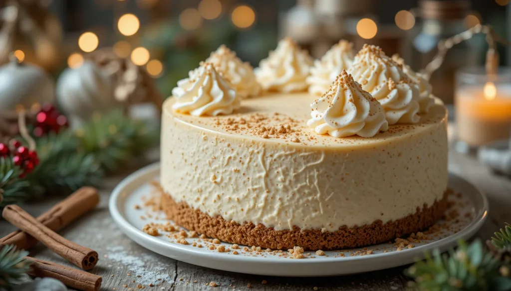 Easy Christmas Desserts A creamy eggnog cheesecake with a golden graham cracker crust, topped with whipped cream and a dusting of nutmeg.