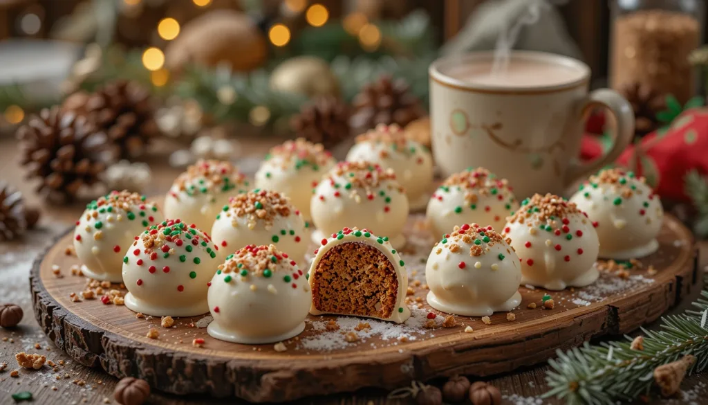 Easy Christmas Desserts A batch of holiday spiced gingerbread truffles coated in white chocolate, decorated with festive sprinkles and cinnamon dust.