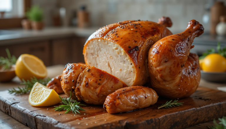 A whole Brined Roast Chicken with crispy, golden-brown skin, carved to reveal juicy, tender meat, served with fresh herbs and lemon wedges.