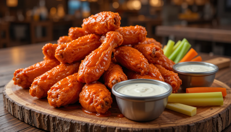 Crispy homemade Buffalo Wild Wings coated in glossy orange-red sauce served with blue cheese dressing, ranch, celery and carrot sticks