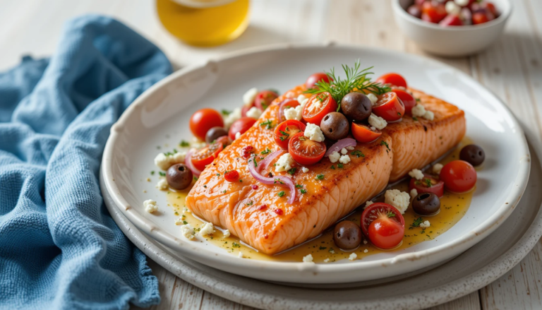 Mediterranean salmon Recipe fillet topped with cherry tomatoes, kalamata olives, red onion, and feta cheese on a white plate