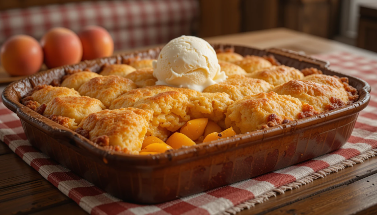 A rustic baking dish filled with Peach Cobbler with Cake Mix, showcasing a golden cake topping over juicy peaches, topped with a melting scoop of vanilla ice cream on a wooden table