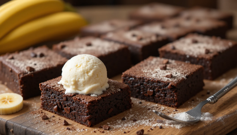 A stack of fudgy Banana Brownies with Chocolate squares on a wooden table, topped with melted chocolate chips and a dusting of cocoa powder, accompanied by banana slices and a scoop of vanilla ice cream