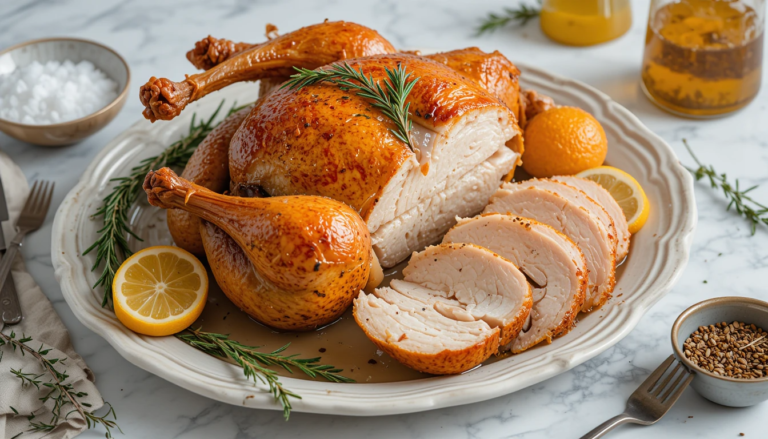 How to Brine Chicken for Deliciously with golden-brown skin, cut to reveal moist meat inside, garnished with fresh herbs and lemon slices on a ceramic platter