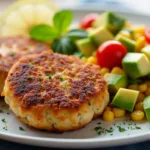 Golden-brown Maryland Crab Cakes served with fresh Avocado and Corn Salad on a white plate