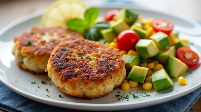 Golden-brown Maryland Crab Cakes served with fresh Avocado and Corn Salad on a white plate