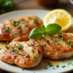 Juicy thin sliced chicken breast with golden-brown sear, garnished with fresh herbs and lemon wedges on a white plate