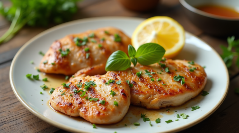 Juicy thin sliced chicken breast with golden-brown sear, garnished with fresh herbs and lemon wedges on a white plate