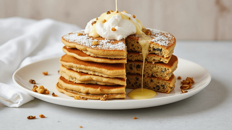 A vibrant breakfast recipes without eggs spread featuring egg-free pancakes, avocado toast, smoothie