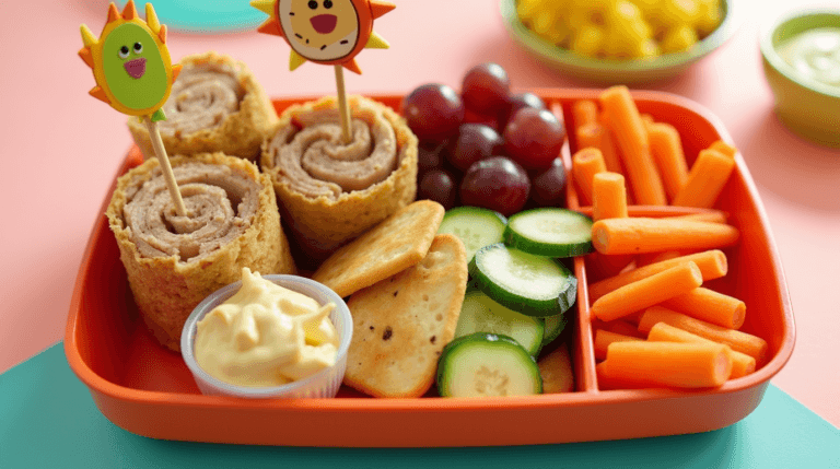 Colorful charcuterie lunch for kids featuring sliced turkey roll-ups, cheese, fresh apple slices, grapes, veggie sticks, and a dip