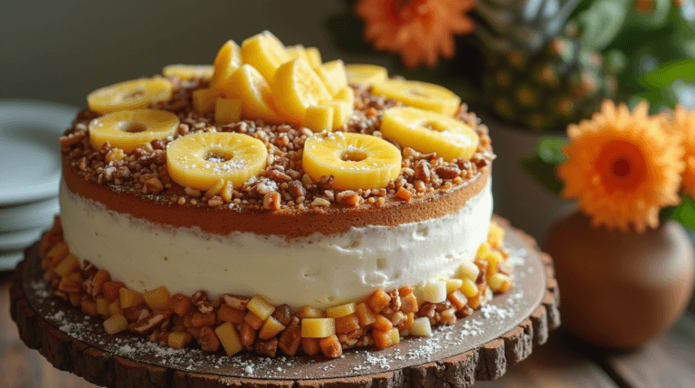A hummingbird cake with cream cheese frosting, garnished with pecans, pineapple slices, and banana pieces, sitting on a wooden table
