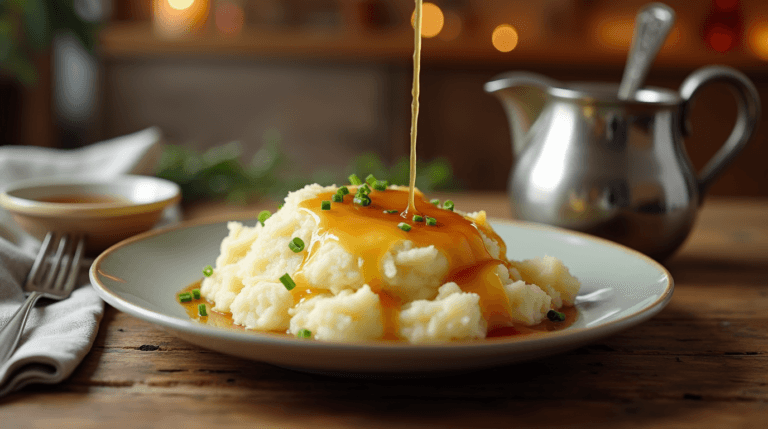 A plate of creamy Mashed Potatoes and Gravy topped with golden gravy and garnished with fresh chives, served on a rustic wooden table with a small bowl of gravy on the side