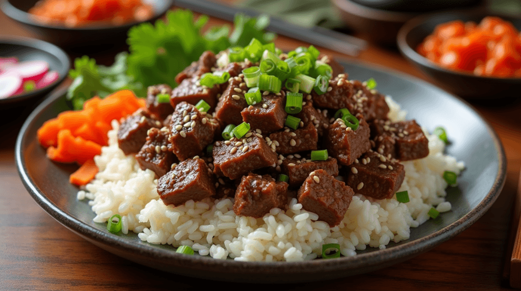 Ground beef bulgogi served on steamed rice, garnished with sesame seeds and green onions, accompanied by traditional Korean side dishes.