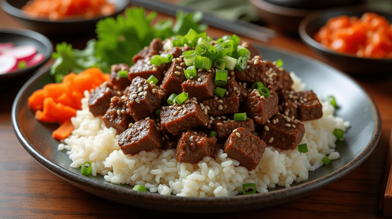 Ground Beef Bulgogi Recipe Ground beef bulgogi served on steamed rice, garnished with sesame seeds and green onions, accompanied by traditional Korean side dishes.