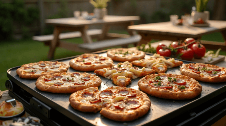 Sourdough Blackstone Dinner Recipes A Blackstone griddle cooking sourdough pizza, grilled cheese, and smash burgers in an outdoor setting