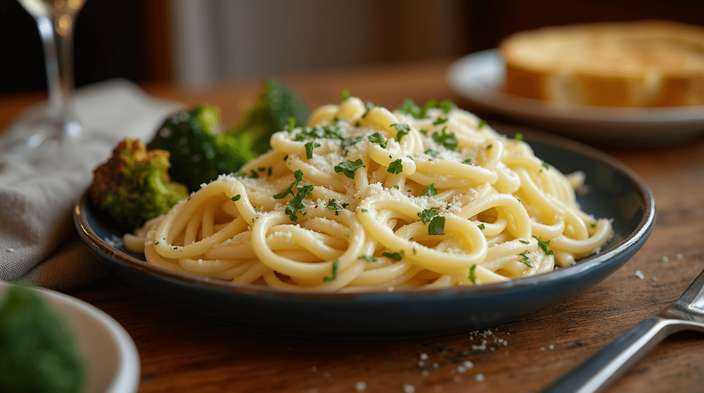 Creamy and Delicious Vegetarian Alfredo Recipe garnished with parsley and served with roasted broccoli and garlic bread on a rustic table