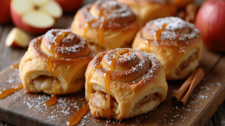 Freshly baked Apple Filled Rolls Recipe with cinnamon apple filling and a caramel drizzle, placed on a wooden table with apples and cinnamon sticks