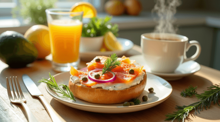 10 Irresistible Salmon Breakfast Recipes to Start Your Day Rightcapers, red onion, and fresh dill, served with orange juice and coffee on a sunny breakfast table.