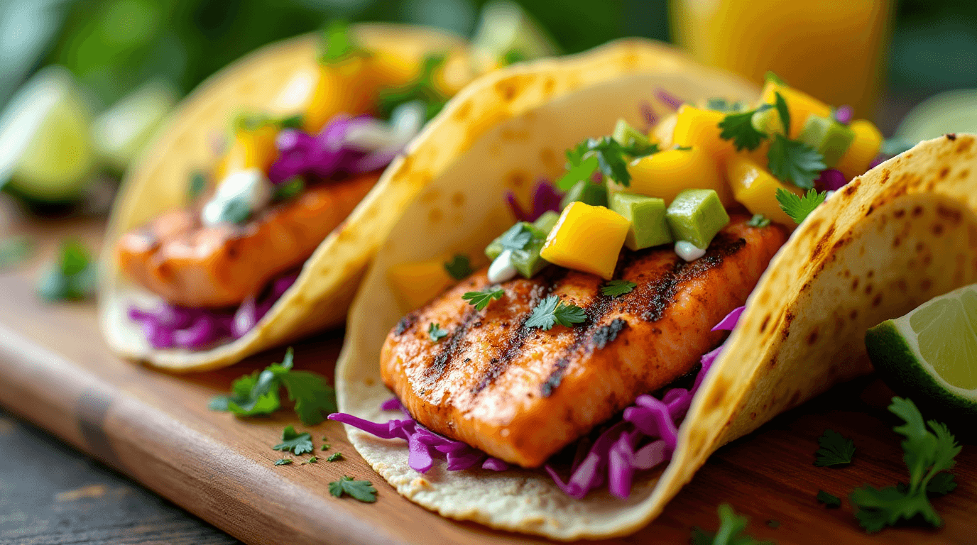 Grilled Salmon Tacos Grilled Salmon Tacos with Mango-Avocado Salsa - A Fresh and Flavorful Delight