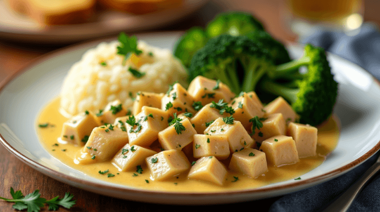 Creamy garlic butter Diced Chicken Recipes garnished with parsley, served with mashed potatoes, steamed broccoli, and garlic bread on a rustic table.