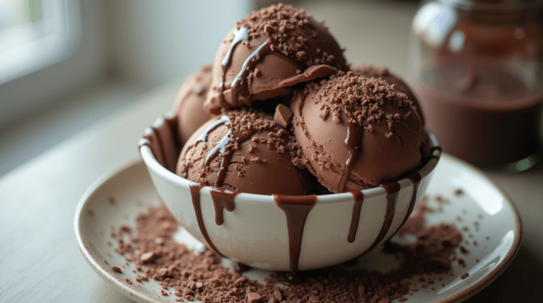 A bowl of chocolate chocolate chip ice cream topped with chocolate syrup and garnished with mint leaves