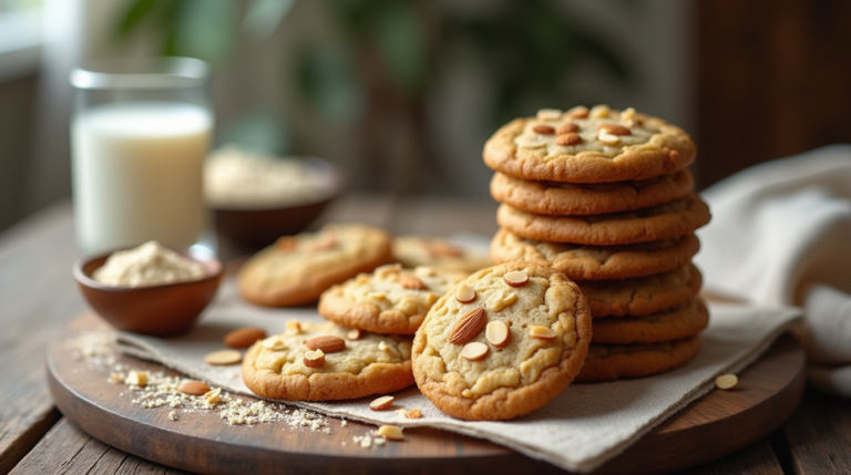 A stack of golden almond sugar cookies with sliced almonds on top, placed on a rustic wooden table in a cozy kitchen setting with a glass of milk and almond flour in the background