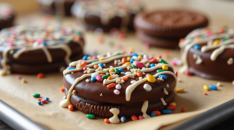Close-up of chocolate dipped Oreos decorated with colorful sprinkles on a parchment paper.