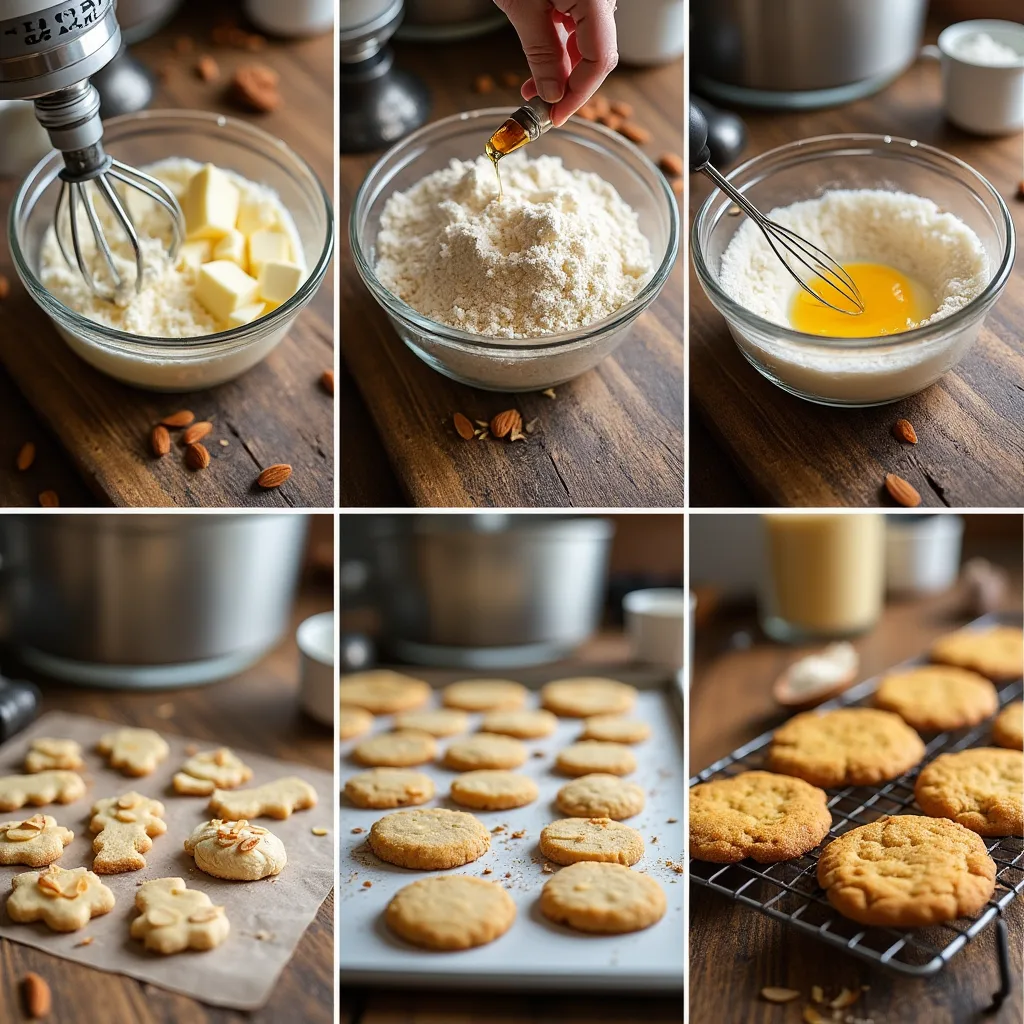 Almond Sugar Cookies A multi-panel image showing the step-by-step process of making almond sugar cookies, from creaming butter and sugar to baking golden-edged cookies, set in a cozy kitchen with warm lighting and rustic details