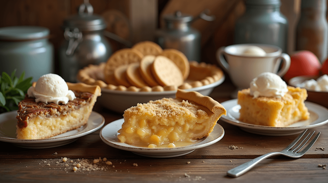 Southern Dessert Recipes An assortment of Southern desserts including pecan pie, banana pudding, hummingbird cake, and peach cobbler served in a rustic Southern kitchen