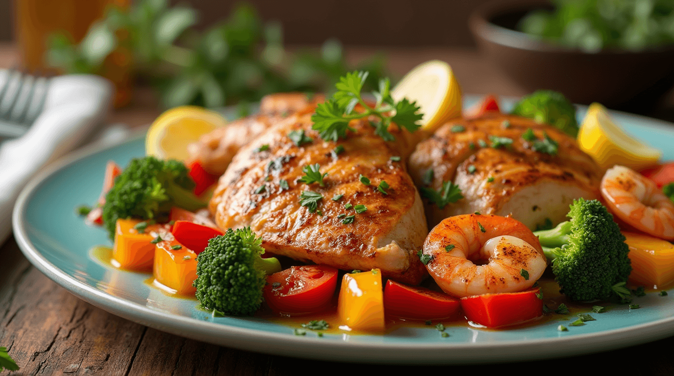 Grilled chicken and shrimp served with colorful bell peppers and broccoli on a rustic wooden table.
